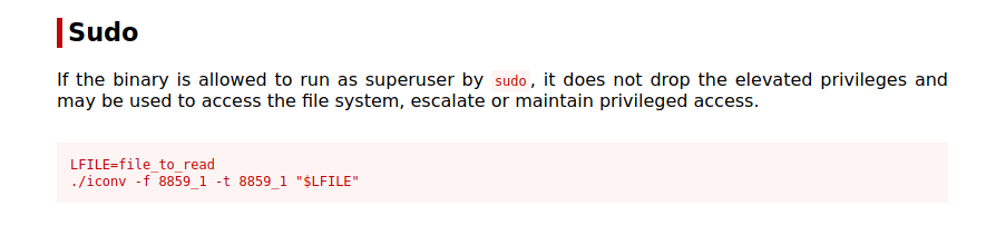 Image of GTFOBins SUDO for iconv.