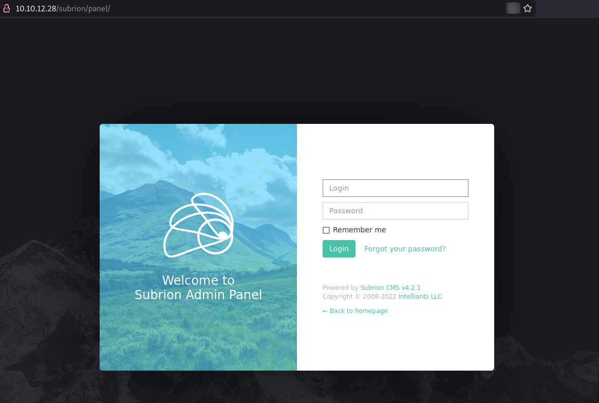 Image of the login page for Subrion CMS.
